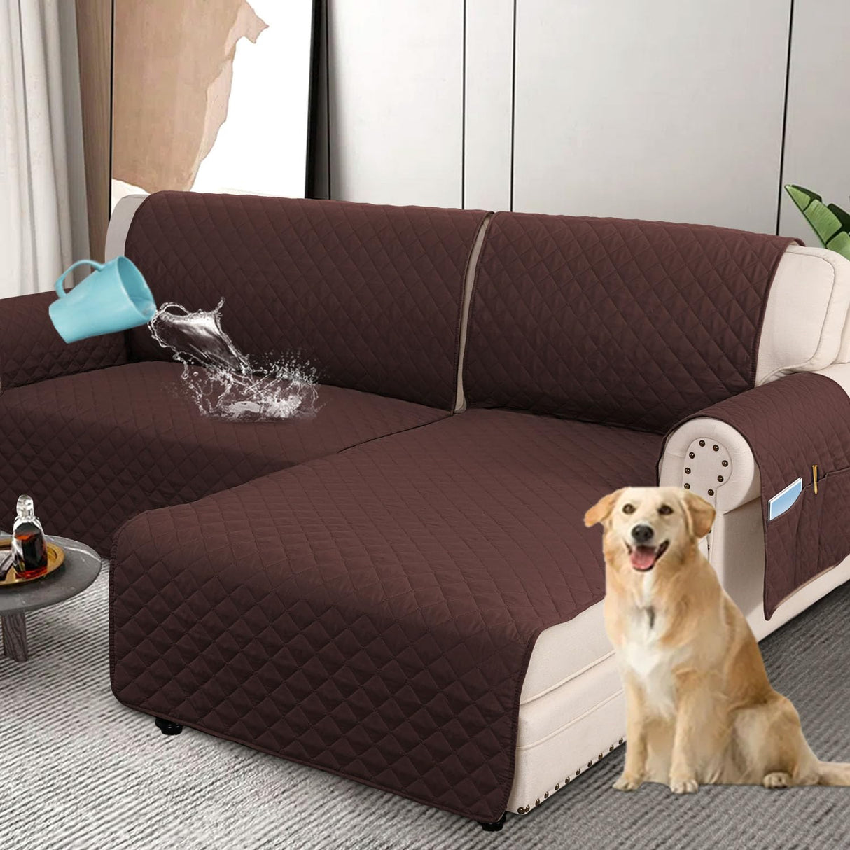 PrimeBeau 100% Waterproof Sectional Couch Covers 2-Piece Couch Cover L Shape Sofa Covers Washable for Dogs Non Slip (Loveseat）