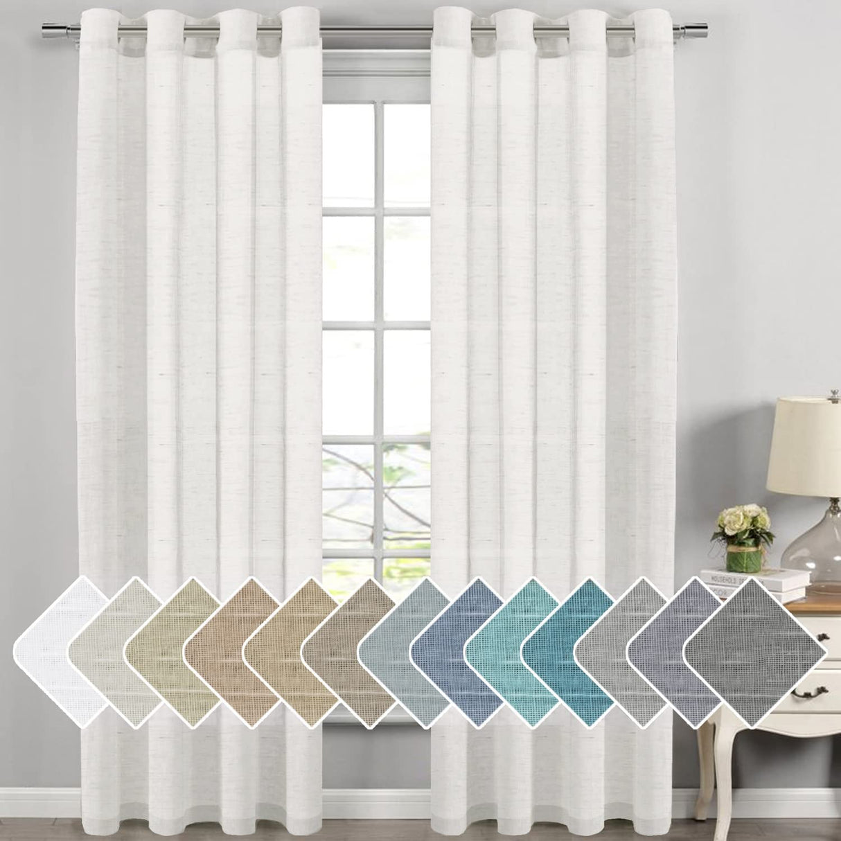 PrimeBeau Faux Linen Grommet Sheer Curtains - Set of 2 Panels 52 Series Long
