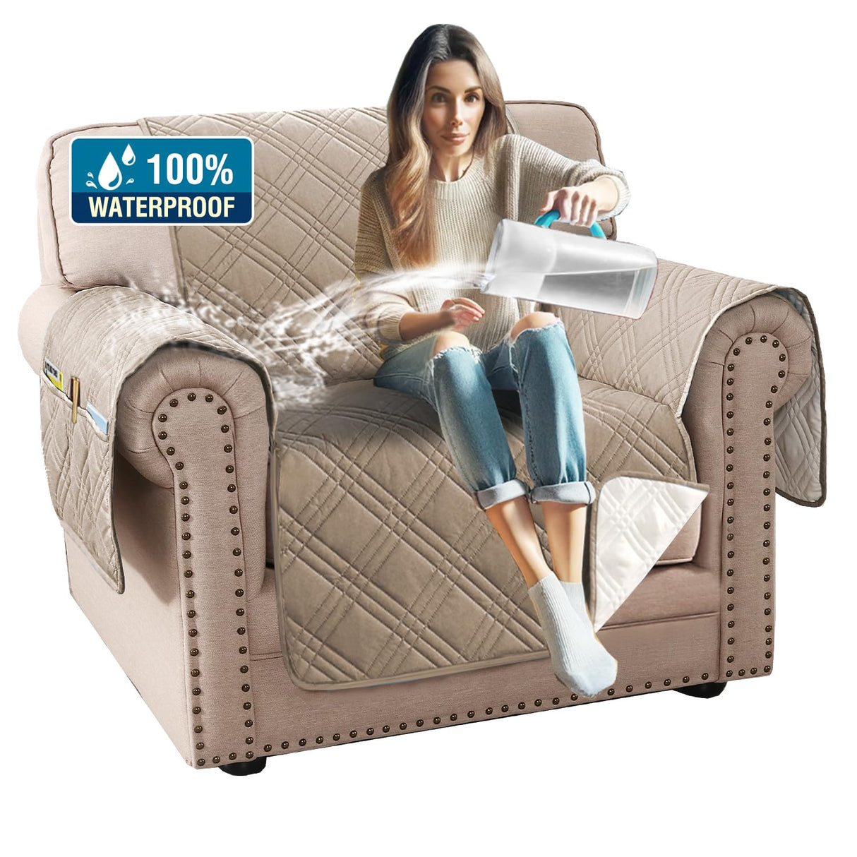 PrimeBeau 100% Waterproof Armchair Covers Washable,Thick Soft Couch Cover for Dogs with Elastic Straps (Armchair, Diamond Shape)