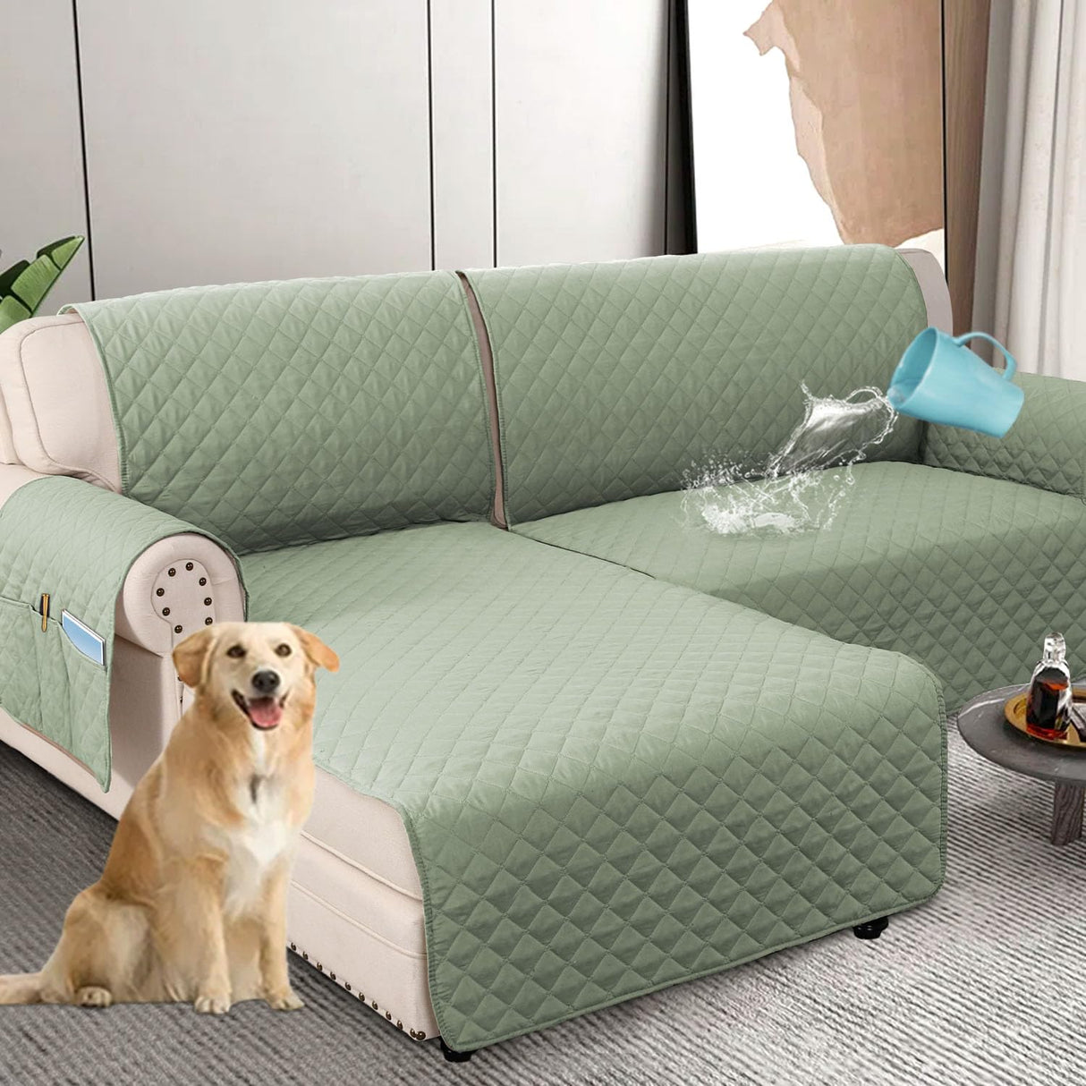 PrimeBeau 100% Waterproof Sectional Couch Covers 2-Piece Couch Cover L Shape Sofa Covers Washable for Dogs Non Slip (Loveseat）