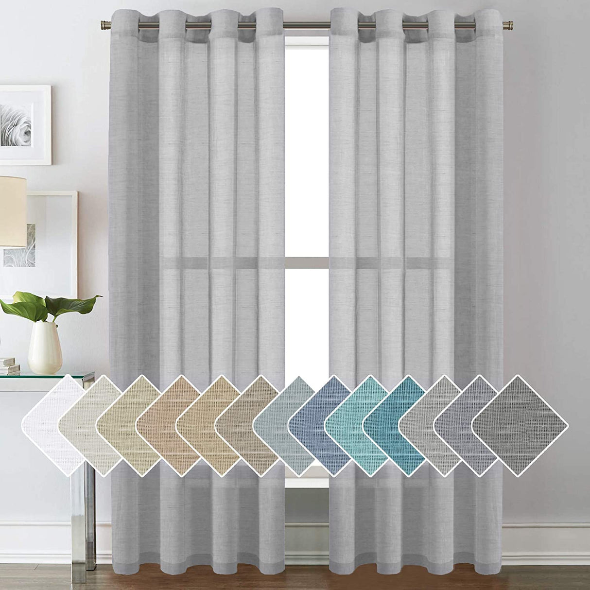 PrimeBeau Faux Linen Grommet Sheer Curtains - Set of 2 Panels 52 Series Long