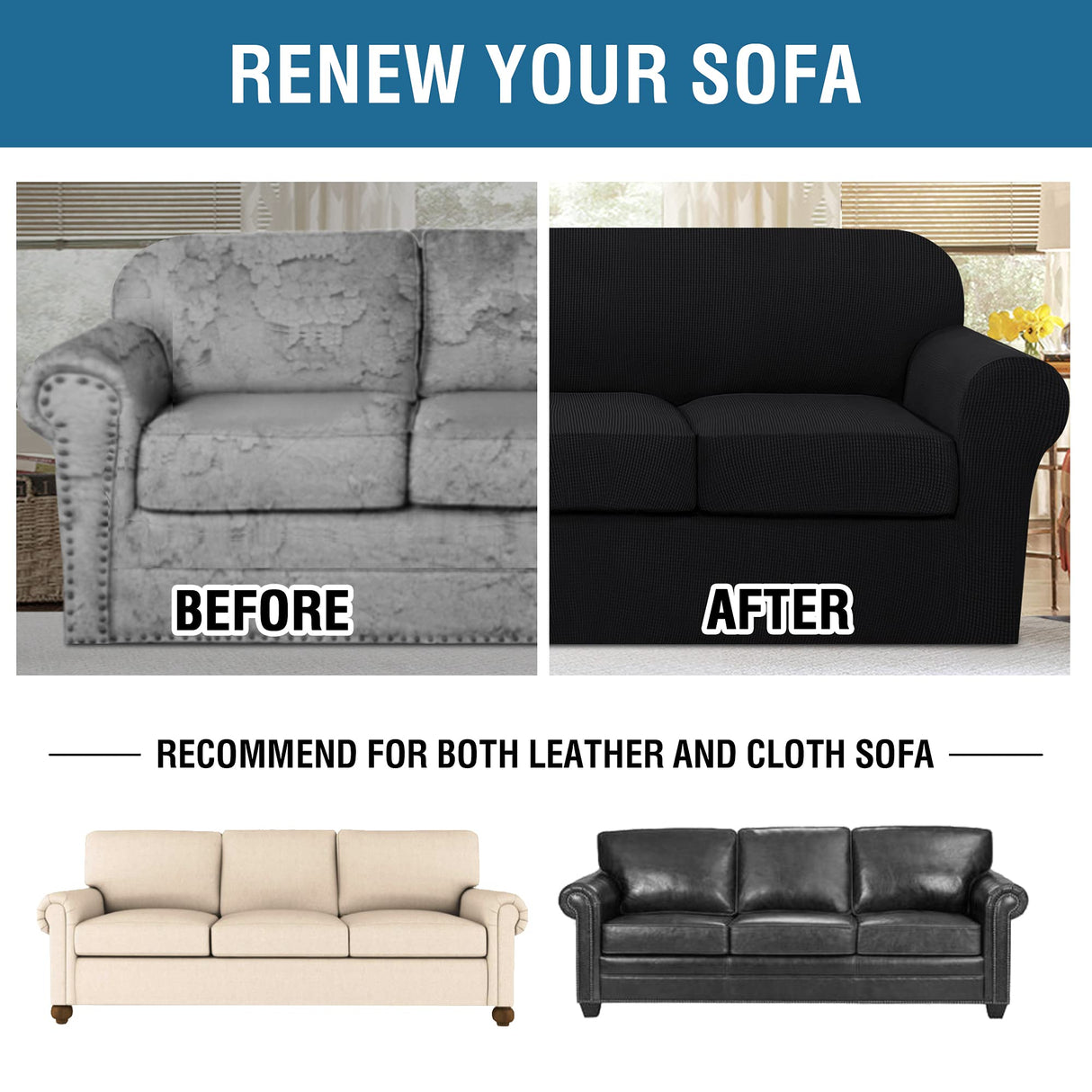 H.VERSAILTEX 4 Piece Stretch Sofa Covers for 3 Cushion Couch Covers for Living Room Furniture Slipcovers (Base Cover Plus 3 Seat Cushion Covers) Upgraded Thicker Jacquard Fabric (XL Sofa, Black)
