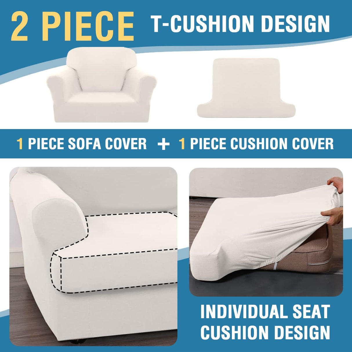 PrimeBeau 2 Pieces T Cushion Sofa Slipcovers Couch Cover for 1 Cushion Couch Non Slip Super Stretch Soft Washable Furniture Protector with 1 Individual T Cushion Cover
