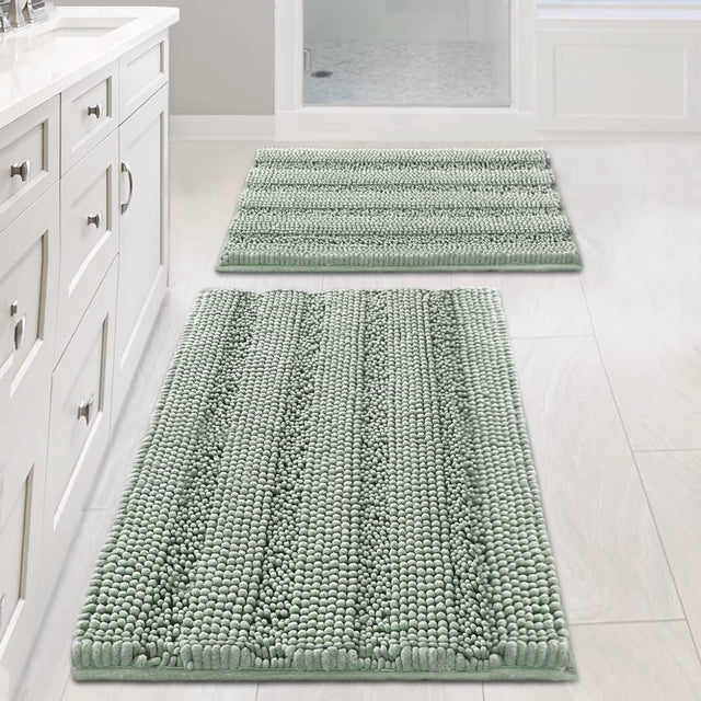 H.Versailtex 2 Pieces  Extra Thick Chenille Striped Pattern Shaggy Bath Rugs Include 1 Rectangle and 1 Toilet Rug