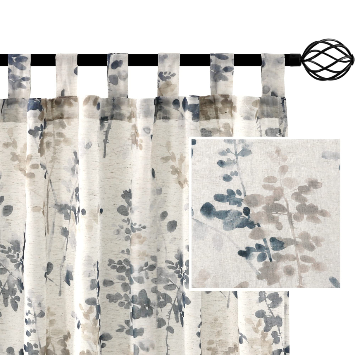 PrimeBeau Linen Sheer Tab Top Curtains Vintage Floral Print, 2 Panels
