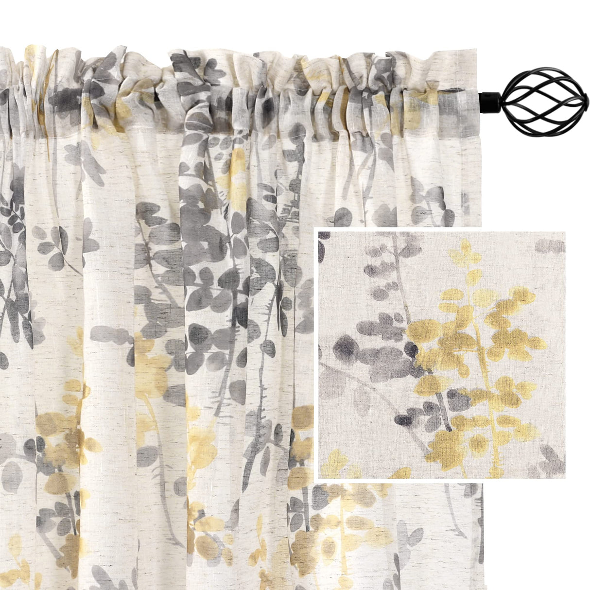 PrimeBeau Linen Sheer Rod Pocket Curtains Vintage Floral Printing, 2 Panels