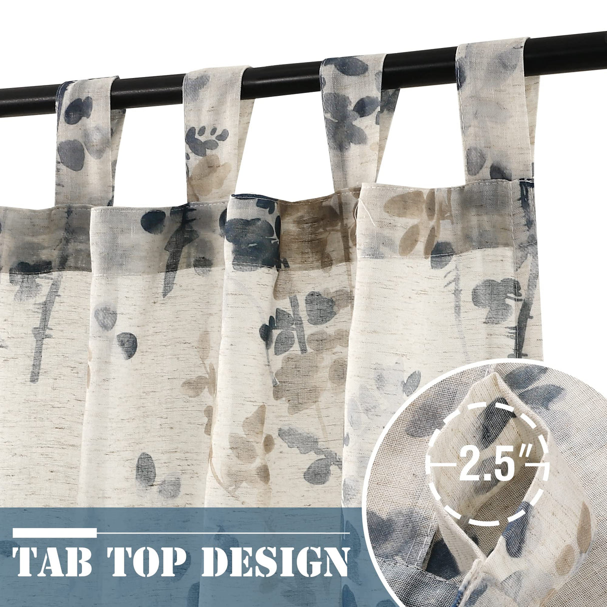 PrimeBeau Linen Sheer Tab Top Curtains Vintage Floral Print, 2 Panels