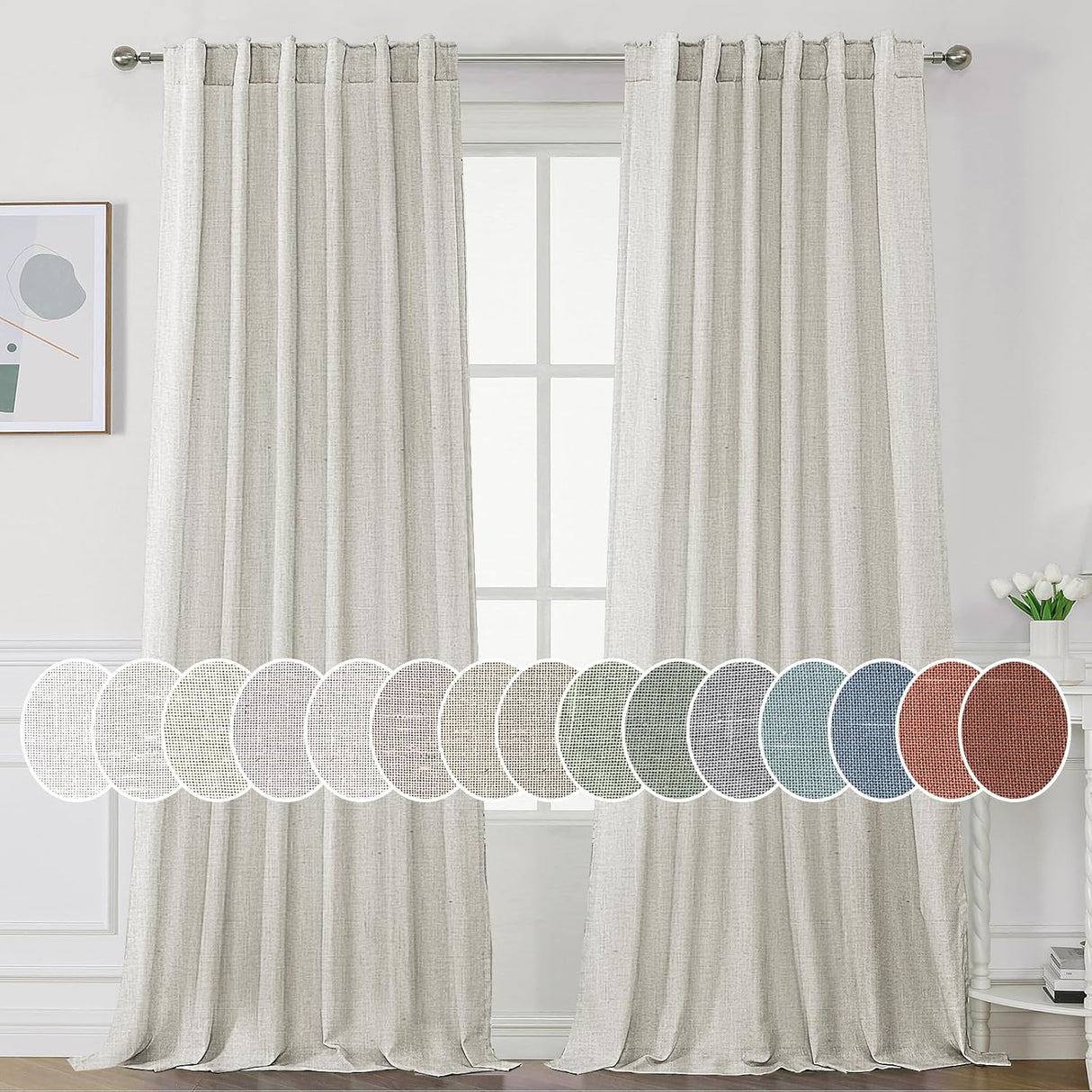 H.Versailtex Natural Linen Tab Loop Pocket Semi Sheer Light Filtering Curtains