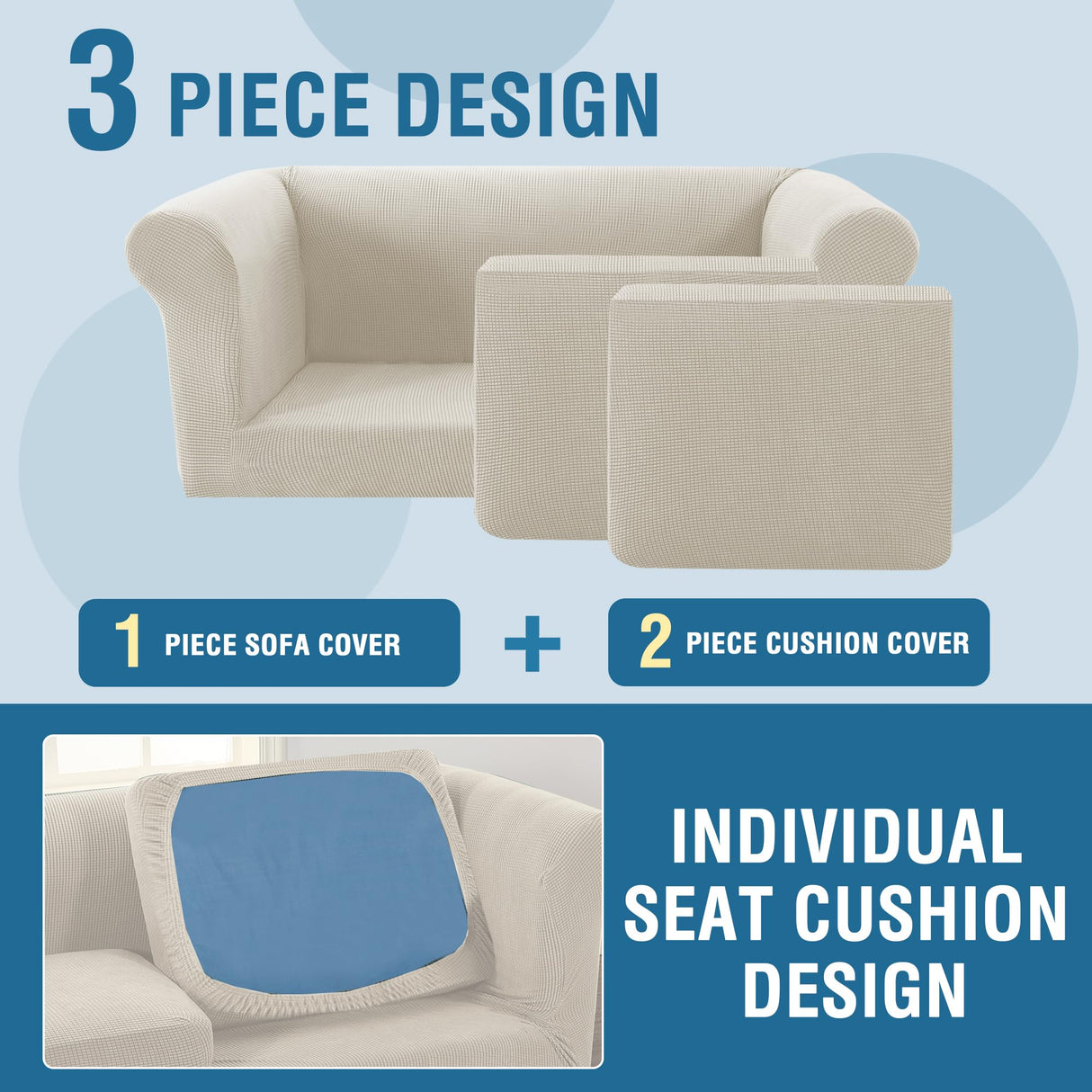 PrimeBeau 3 Pieces Chesterfield Loveseat & Oversized Loveseat Covers Stretch Slip Covers, Mid Century Deep Seat Couch Cover Fit Width Up to 70"-88", Thicker Jacquard Fabric (1 base cover and 2 individual cushion covers)