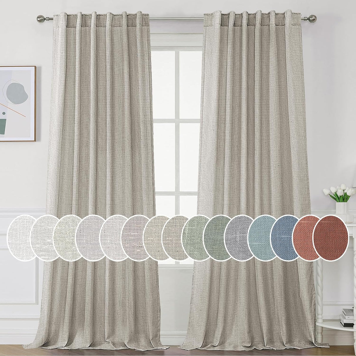 H.Versailtex Natural Linen Tab Loop Pocket Semi Sheer Light Filtering Curtains