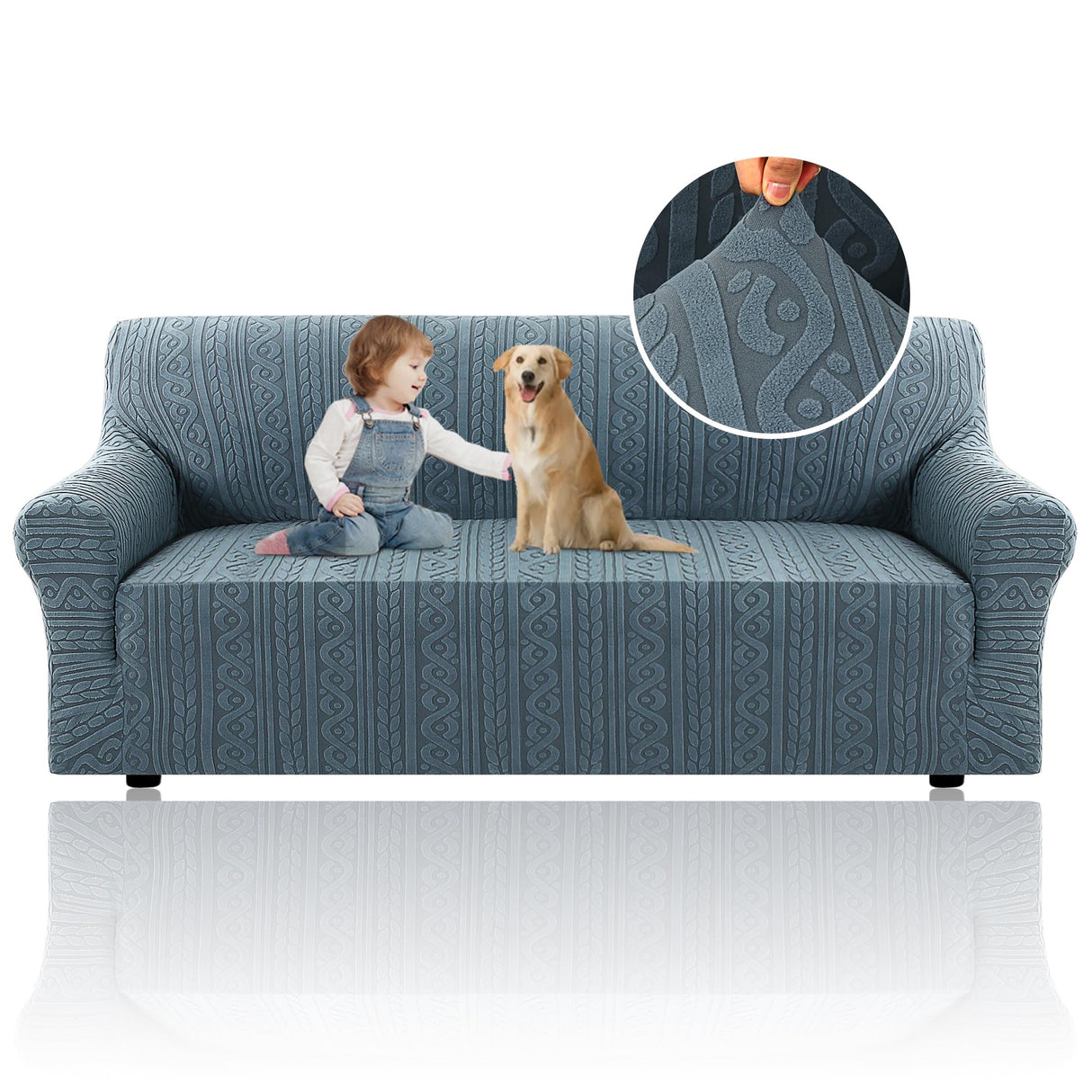 H.VERSAILTEX 2024 Newest Jacquard Couch Covers for 3 Cushion Couch 1 Piece Stretch Sofa Covers Furniture Protector Anti-Slip Soft Thickened Dogs Slipcovers Washable Spiral Pattern(Sofa, Stone Blue)
