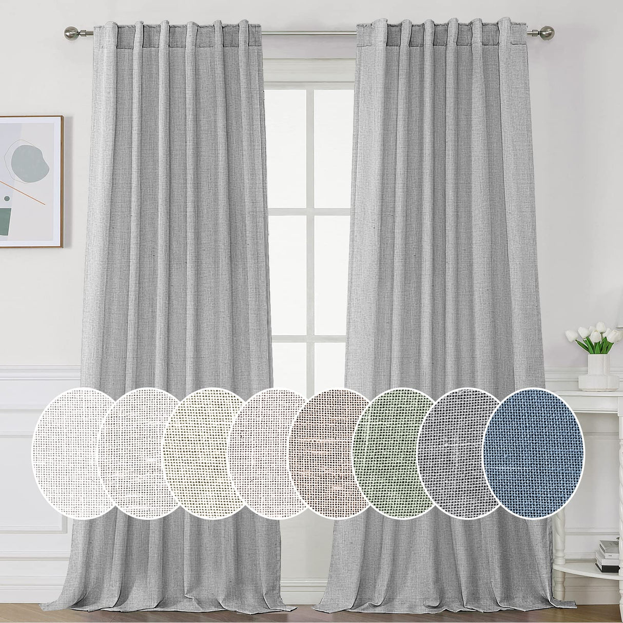 PrimeBeau Natural Linen Curtains 2 Panels Back Tab Loop Pocket Boho Sheer Curtain