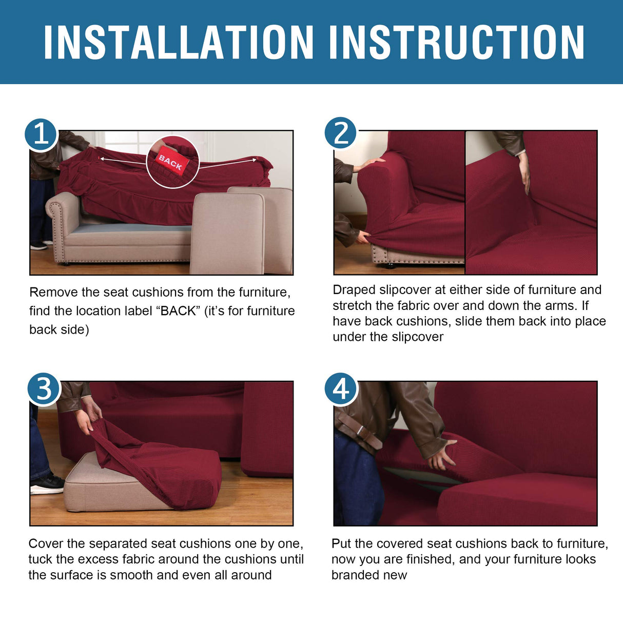 H.VERSAILTEX 4 Piece Stretch Sofa Covers for 3 Cushion Couch Covers for Living Room Furniture Slipcovers (Base Cover Plus 3 Seat Cushion Covers) Upgraded Thicker Jacquard Fabric (Sofa, Burgundy)