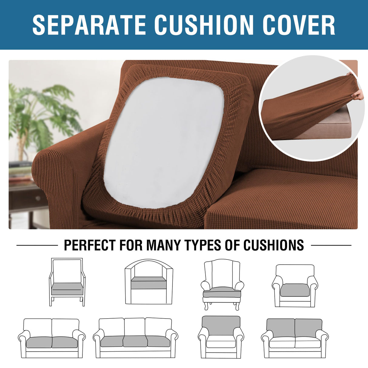 H.VERSAILTEX 3 Piece Stretch Sofa Covers for 2 Cushion Loveseat Couch Covers for Living Room Furniture Cover (Base Cover Plus 2 Seat Cushion Covers) Thicker Jacquard Fabric(Medium Sofa, Caramel)