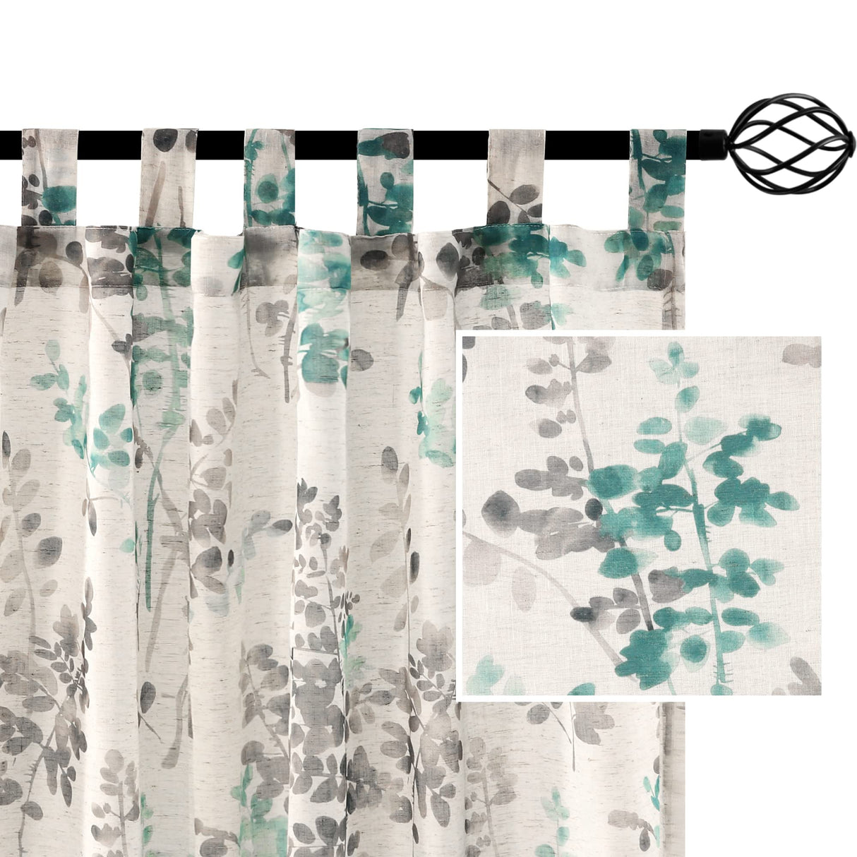 PrimeBeau Linen Sheer Tab Top Curtains Vintage Floral Print, 2 Panels