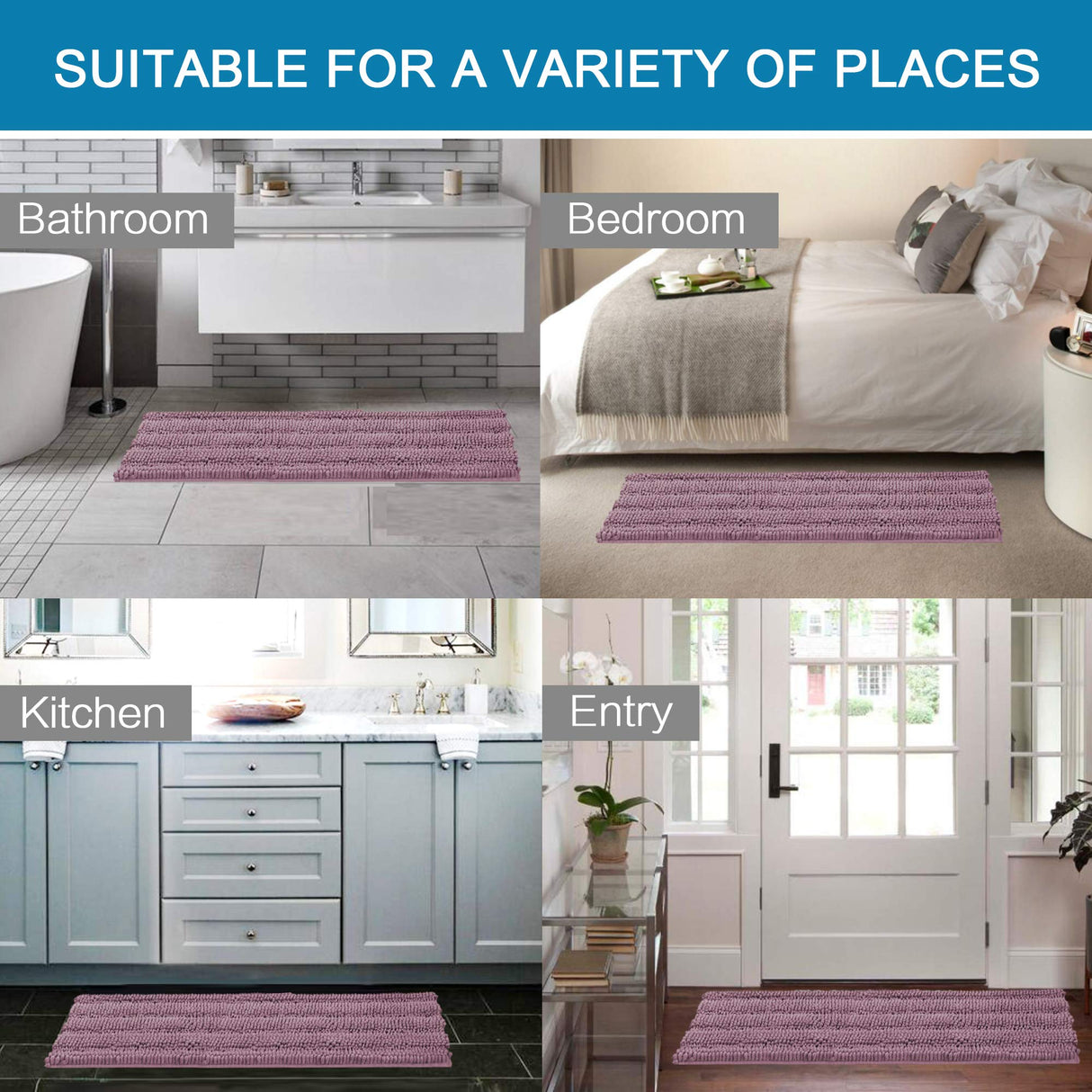 PrimeBeau Luxury Chenille Striped Bath Mats Set | Ultra Thick & Absorbent Non Slip Rugs 47“ x 17"