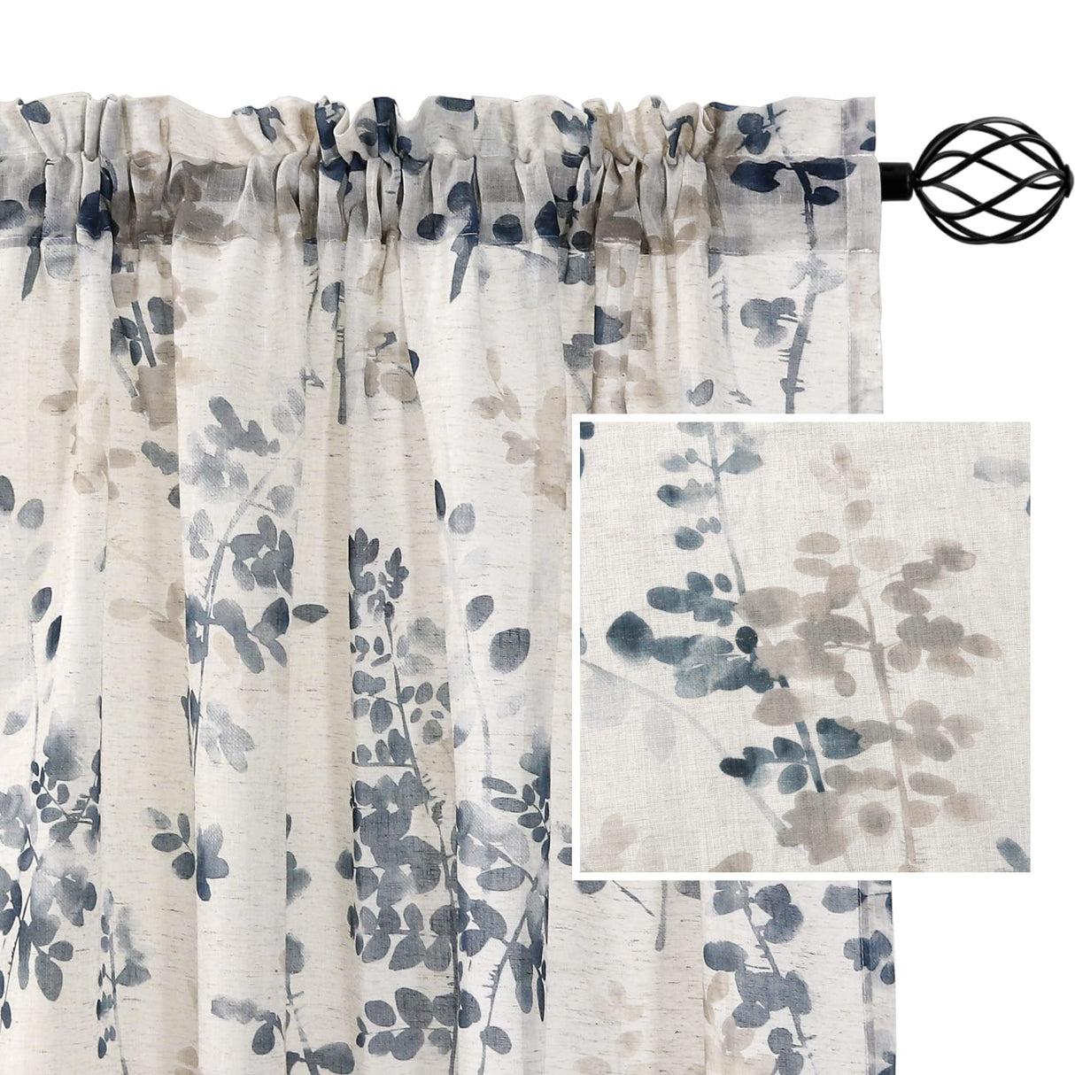 PrimeBeau Linen Sheer Rod Pocket Curtains Vintage Floral Printing, 2 Panels