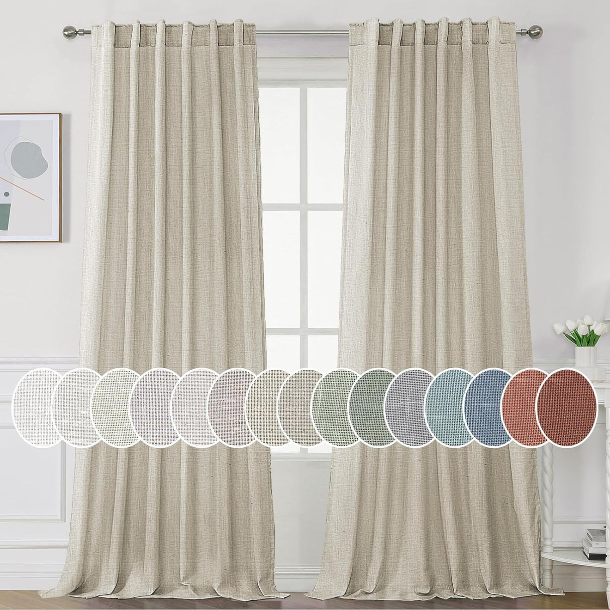 H.Versailtex Natural Linen Tab Loop Pocket Semi Sheer Light Filtering Curtains