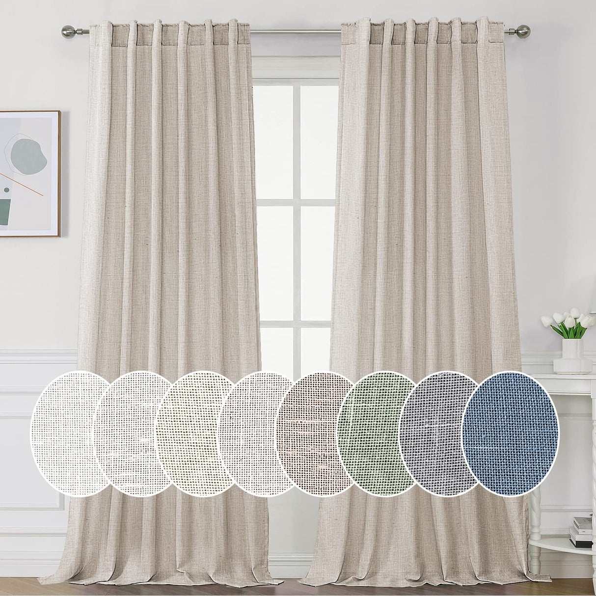 PrimeBeau Natural Linen Curtains 2 Panels Back Tab Loop Pocket Boho Sheer Curtain
