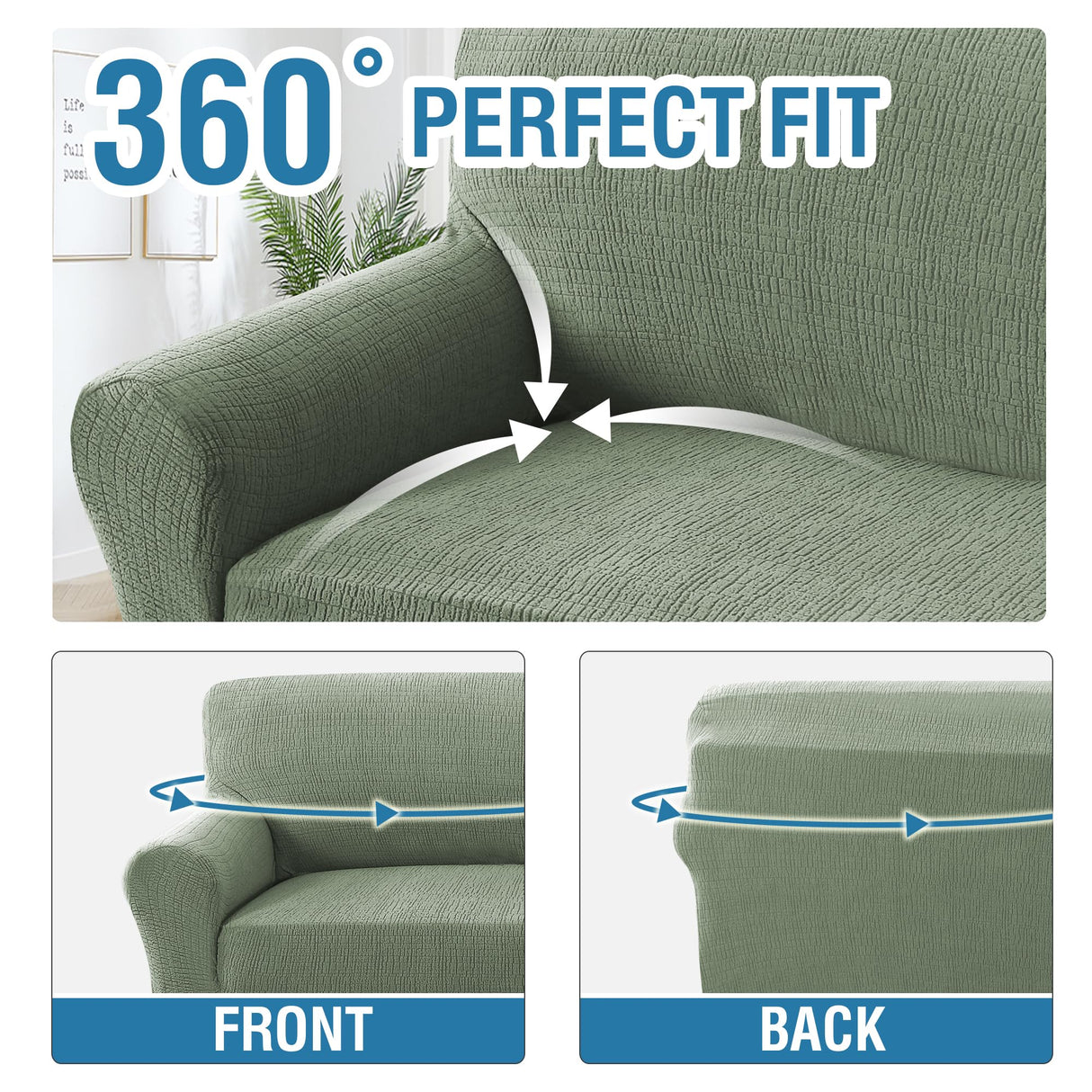 H.VERSAILTEX 2024 Newest Jacquard Couch Covers for 3 Cushion Couch 1 Piece Stretch Sofa Covers Furniture Protector Anti-Slip Soft Thickened Dogs Slipcovers Washable Crizzle Pattern(Sofa, Sea Grass)