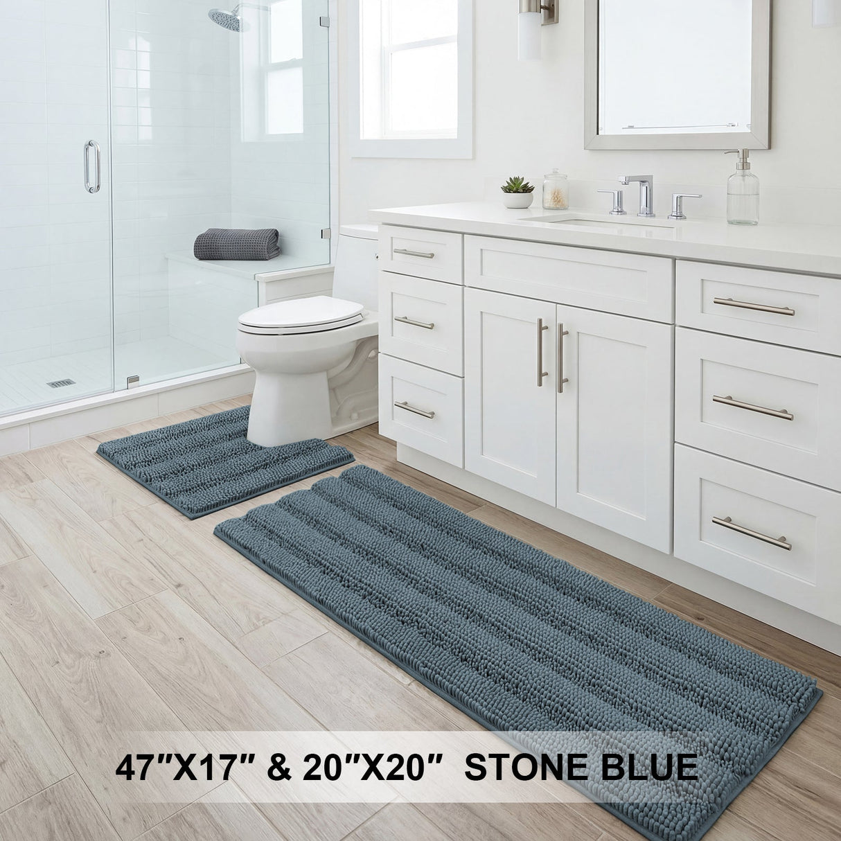 H.Versailtex 2 Pieces Extra Thick Chenille Striped Pattern Shaggy Bath Rugs Include 1 Rectangle and 1 Toilet Rug