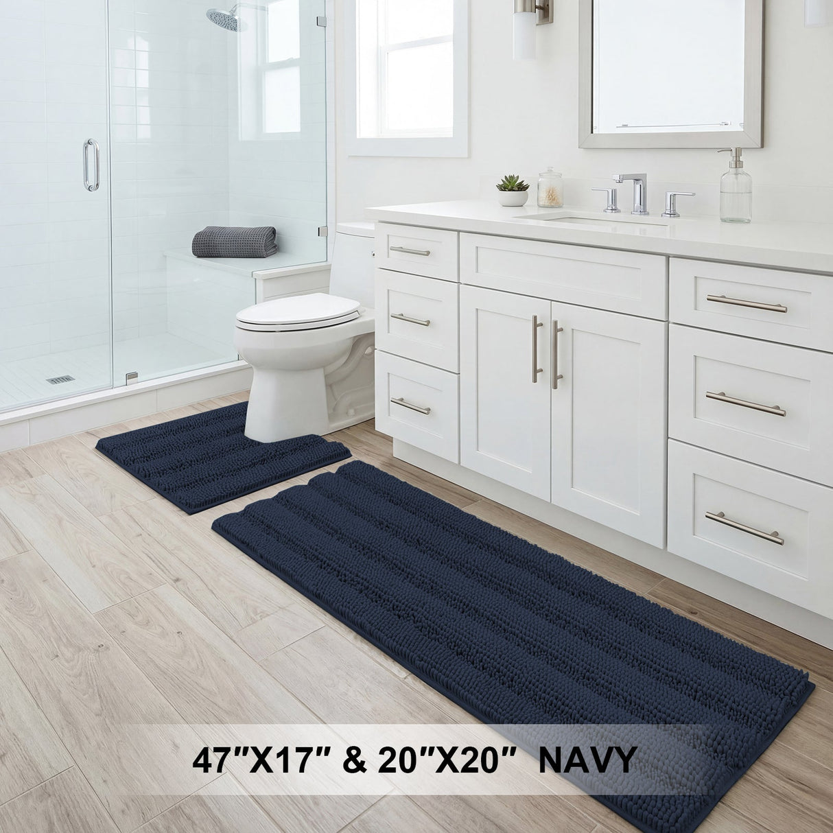H.Versailtex 2 Pieces Extra Thick Chenille Striped Pattern Shaggy Bath Rugs Include 1 Rectangle and 1 Toilet Rug