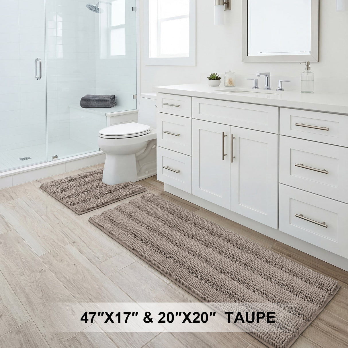 H.Versailtex 2 Pieces Extra Thick Chenille Striped Pattern Shaggy Bath Rugs Include 1 Rectangle and 1 Toilet Rug