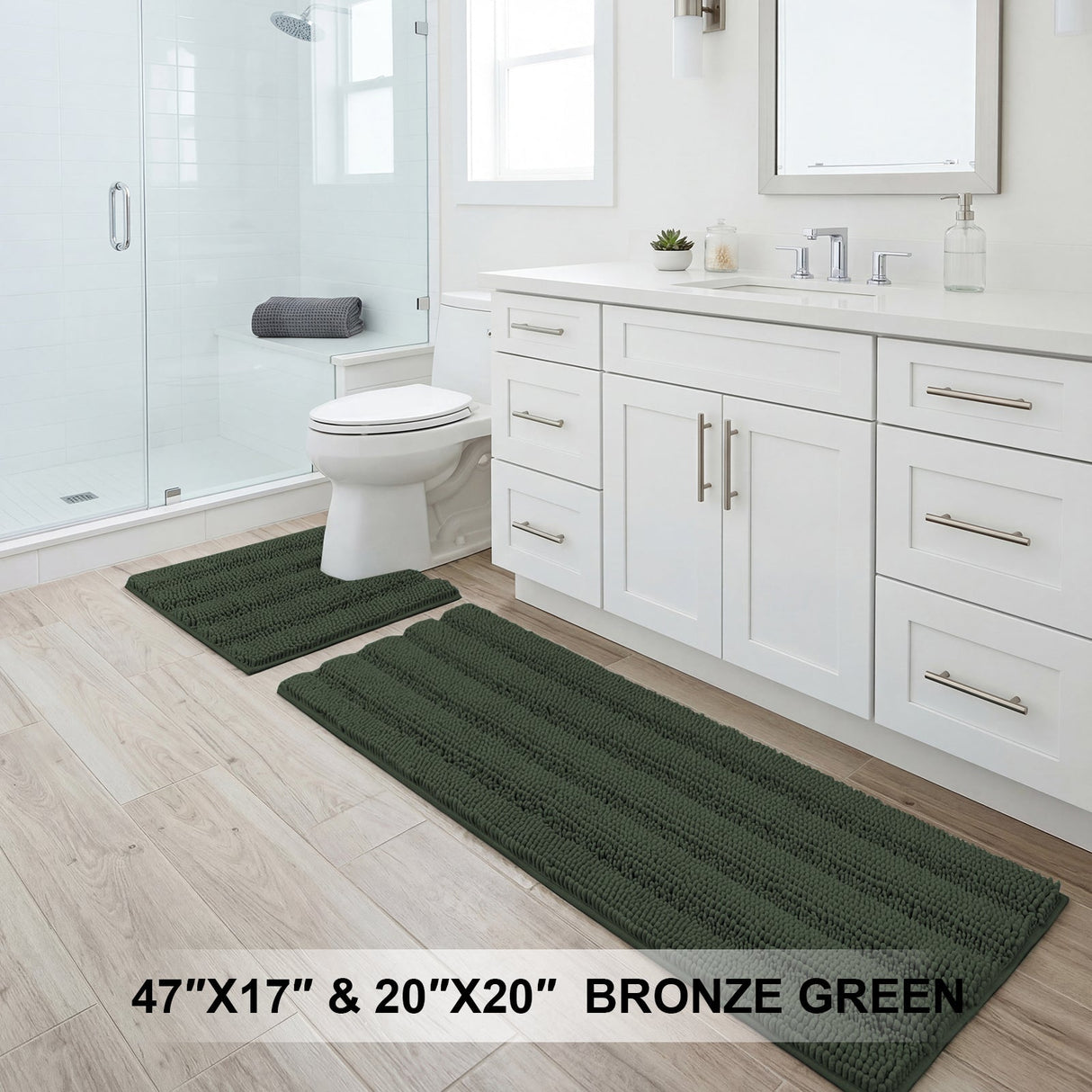 H.Versailtex 2 Pieces Extra Thick Chenille Striped Pattern Shaggy Bath Rugs Include 1 Rectangle and 1 Toilet Rug