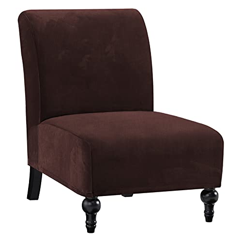 Armless Chair Slipcover Thick Striped Velvet Accent Chair Cover for Living Room High Stretch Slipper Chair Slipcover Removable Furniture Protector with Elastic Bottom, Machine Washable, Chocolate
