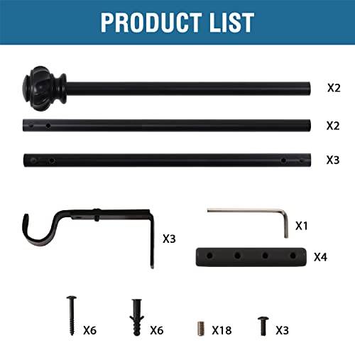 H.VERSAILTEX Window Curtain Rods for Windows 48 to 86 Inches Splicing Adjustable 3/4 Inch Diameter Single Window Curtain Rod Set with Decorative Ribbed Knob Finials, Black