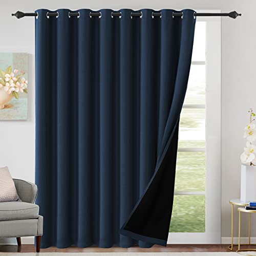 H.VERSAILTEX 100% Blackout Patio Curtains Thermal Insulated Curtains for Sliding Door Extra Wide Window Panels Full Light Blocking Grommet Curtains with Black Liner, W100 x L84 inch - Navy
