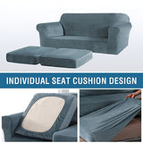 Thick Striped Velvet 3 Piece Stretch Sofa Covers Couch Covers for 2 Cushion Couch Sofa Slipcovers (Base Cover Plus 2 Large Cushion Covers) Feature Soft Stay in Place(2 Cushion: 72"-88", Stone Blue)