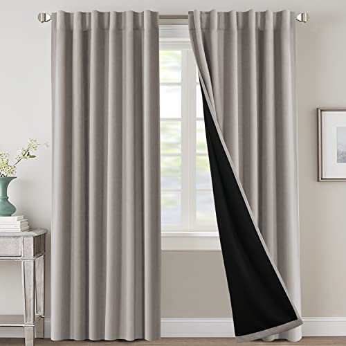 100% Blackout Curtains for Bedroom with Black Liner Full Room Darkening Curtains 84 Inches Long Thermal Insulated Back Tab/Rod Pocket Window Treatment Drapes for Living Room, Warm Taupe, 2 Panels