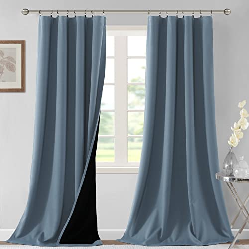 H.VERSAILTEX 100% Blackout Curtains for Bedroom Thermal Insulated Curtains & Drapes Blackout Curtains 96 Inches Long Rod Pocket Curtains for Living Room with Black Liner 2 Panels Set, Stone Blue