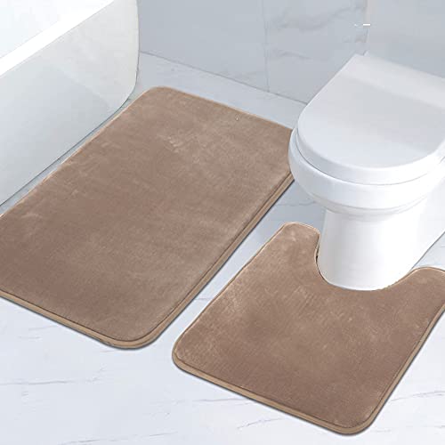 Bath Mat Memory Foam Set Bathroom Rug Set Flannel Velvety Bath Mat Luxury Extra Soft and Absorbent Non Slip Rugs for Bathroom/Bedroom Washable(Curved Set 24"x 36" Plus 20"x 24"U, Taupe)
