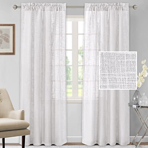 H.VERSAILTEX Linen Curtains 84 inches Long Natural Linen Blended Curtains for Living Room Burlap Linen Textured Curtains Light Filtering Rod Pocket Curtains Bedroom Curtains 2 Panel Sets, White