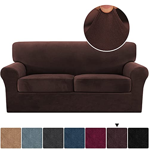 Thick Striped Velvet 3 Piece Stretch Sofa Covers Couch Covers for 2 Cushion Couch Sofa Slipcovers (Base Cover Plus 2 Large Cushion Covers) Feature Soft Stay in Place(2 Cushion: 72"-88", Chocolate)