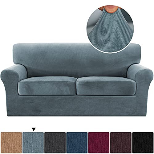Thick Striped Velvet 3 Piece Stretch Sofa Covers Couch Covers for 2 Cushion Couch Sofa Slipcovers (Base Cover Plus 2 Large Cushion Covers) Feature Soft Stay in Place(2 Cushion: 72"-88", Stone Blue)