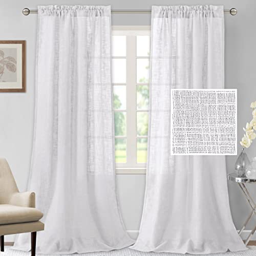 H.VERSAILTEX Linen Curtains 96 inches Long Natural Linen Blended Curtains for Living Room Burlap Linen Textured Curtains Light Filtering Rod Pocket Curtains Bedroom Curtains 2 Panel Sets, White