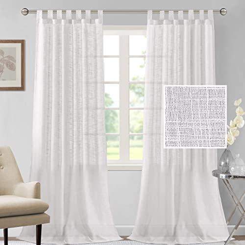 Linen Curtains Natural Linen Blended Curtains for Living Room Burlap Linen Textured Curtains Tab Top Curtains Elegant Energy Efficient Light Filtering Curtains (Set of 2, 52" x 96", White)