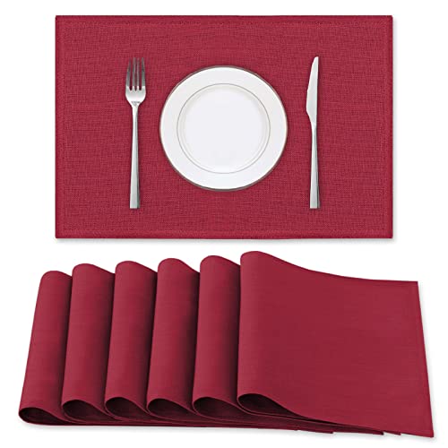 H.VERSAILTEX Linen Placemats Set of 6 Premium Solid Table Placemats for Dining Table Spill-Proof Waterproof Table Mats Heat-Resistant Kitchen Table Mats Washable, 12x18 inches, Cardinal Red
