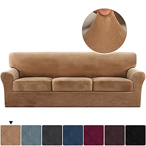 Thick Striped Velvet 4 Piece Stretch Sofa Covers Couch Covers for 3 Cushion Couch Sofa Slipcovers (Base Cover Plus 3 Large Cushion Covers) Feature Soft Stay in Place(3 Cushion: 96"-116", Camel)