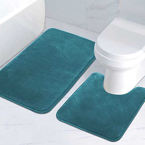 Bath Mat Memory Foam Set Bathroom Rug Set Flannel Velvety Bath Mat Luxury Extra Soft and Absorbent Non Slip Rugs for Bathroom/Bedroom Washable(Curved Set 24"x 36" Plus 20"x 24"U, Dark Teal)