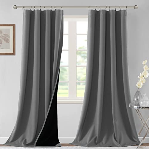 H.VERSAILTEX 100% Blackout Curtains for Bedroom Thermal Insulated Curtains & Drapes Blackout Curtains 96 Inches Long Rod Pocket Curtains for Living Room with Black Liner 2 Panels Set, Grey