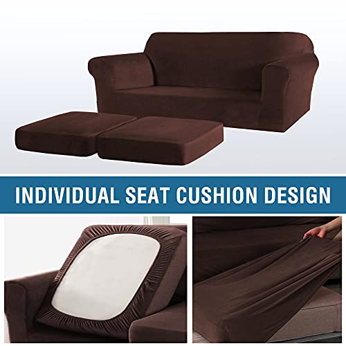 Thick Striped Velvet 3 Piece Stretch Sofa Covers Couch Covers for 2 Cushion Couch Sofa Slipcovers (Base Cover Plus 2 Large Cushion Covers) Feature Soft Stay in Place(2 Cushion: 72"-88", Chocolate)