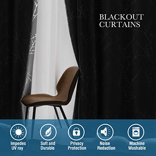 H.VERSAILTEX Blackout Curtains for Bedroom Foil Print Twig Tree Branch Thermal Insulated Grommet Curtain Drapes Light Blocking Thick Soft Window Curtains for Living 52 x 45 Inch Jet Black 2 Panels