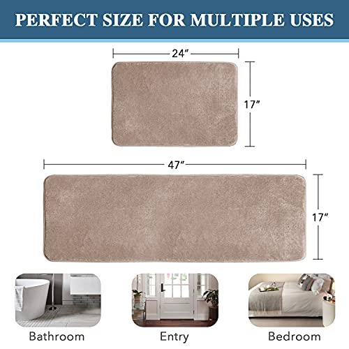 Kitchen Mat Set of 2 Memory Foam Set Bathroom Rug Set Flannel Velvety Bath Mat Luxury Extra Soft and Absorbent Non Slip Rugs for Kitchen/Bathroom Washable(47"x 17"/ 17"x 24", Taupe)