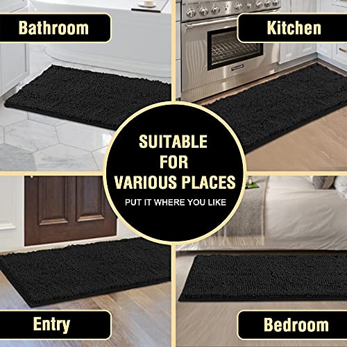 H.VERSAILTEX Bath Mat Bath Rug for Bathroom Luxury Chenille Bathroom Rug Mat Extra Soft and Absorbent Microfiber Shaggy Rugs Non Slip Rug Quick Dry Bath Mat Washable, 24 x 47 Inches, Black