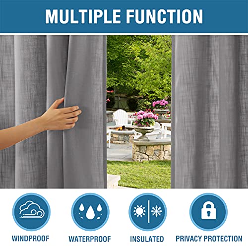 Outdoor Blackout Curtain for Patio Waterproof Linen Look Heavy Duty Indoor/Outdoor Solid Rustproof Grommet Curtain Thermal Insulated Sunlight Block Drape for Gazebo/Porch, 52”W X 95”L, Grey, 1 Panel