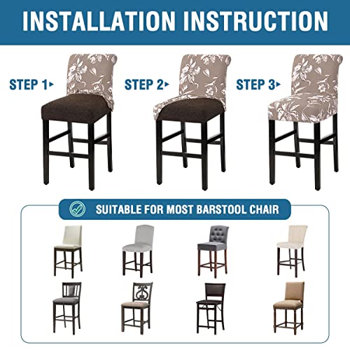 H.VERSAILTEX Stretch Bar Stool Cover Set of 2 Pub Counter Stool Chair Slipcover for Dining Room Cafe Height Side Chairs Feature Modern Floral Printed Design, Taupe